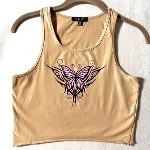 Dollskill Delia's Y2K Butterfly Cropped Shirt 90s Brown Pink Tank Top Rolled Hem
